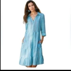 SOFT SURROUNDINGS Santa Cruz Striped Tiered 100% Linen Shirt Dress. Large
